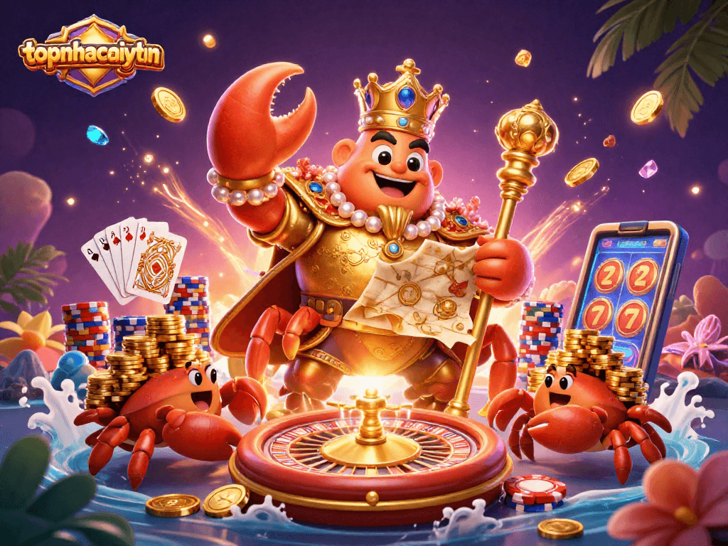 topnhacaiuytinn showcases a 3D crab emperor scene amid golden cascades and vibrant casino elements.