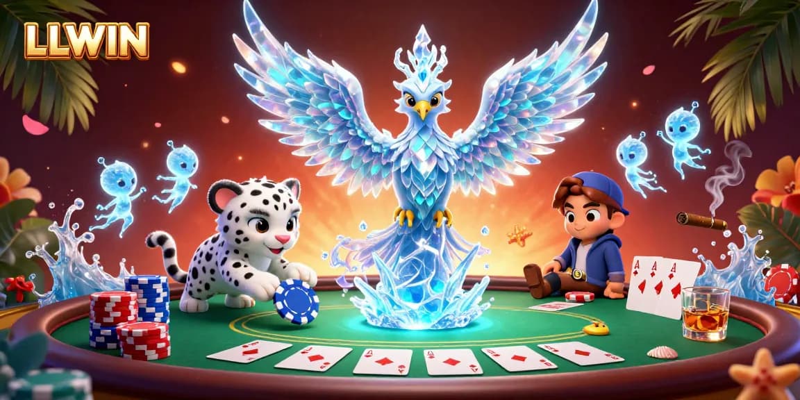 Experience the excitement of LLWIN casino with a vibrant 3D illustration featuring characters and poker gaming elements.