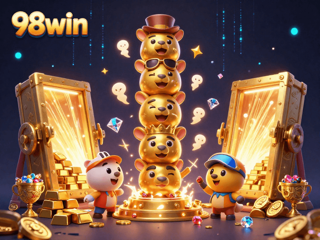 Immerse in the excitement of 98win casino with a vibrant 3D scene showcasing gold treasures and a mystical totem.