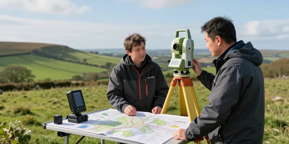 Land surveyors Surrey conducting a precise topographical survey using GPS and total station equipment in a scenic UK landscape.