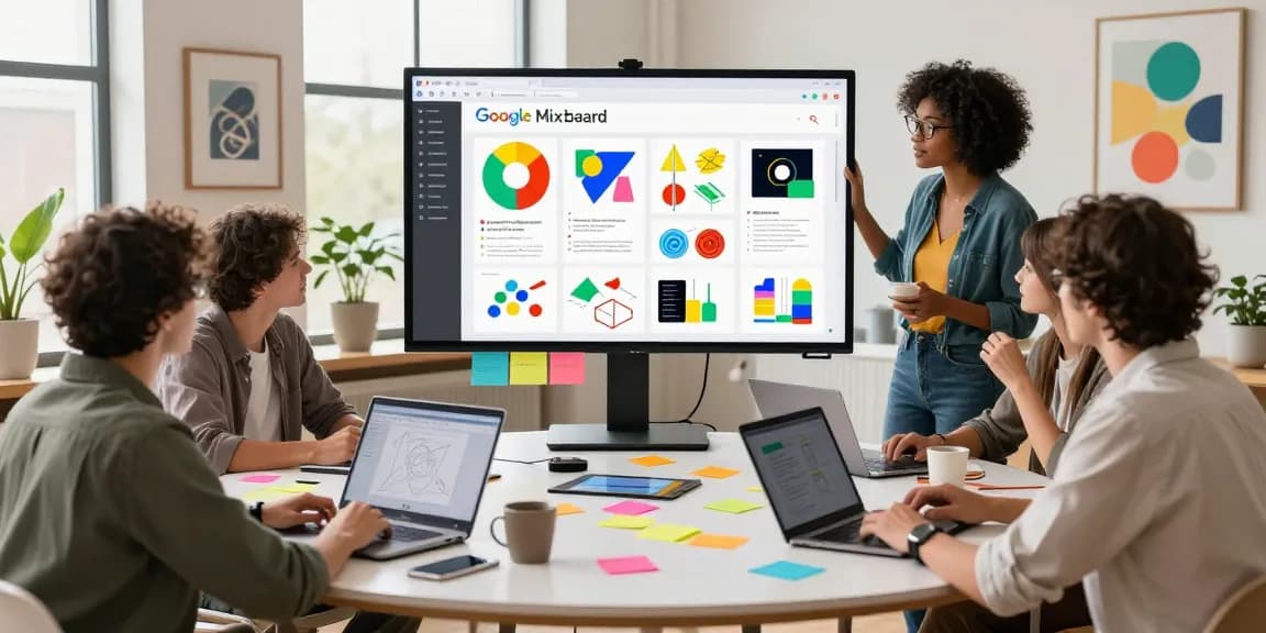 Creative team collaborating on google mixboard in a vibrant workspace, showcasing brainstorming and digital design activities.