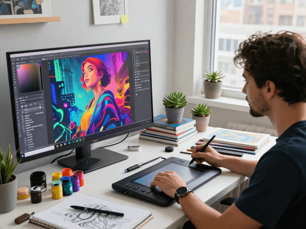 Artistic workspace showcasing NSFW AI digital art creation process with vibrant colors and tools.