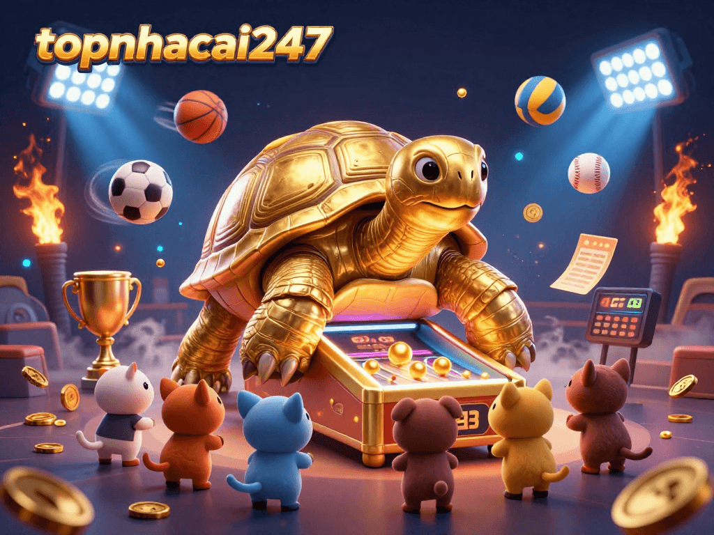 topnhacai247 showcases an exciting coin flip game with a colossal tortoise pinball machine and gold coins