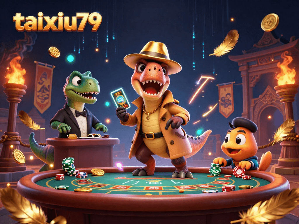 Engage with taixiu79 in this vibrant scene showcasing a velociraptor at a blackjack table, filled with dynamic gaming elements.