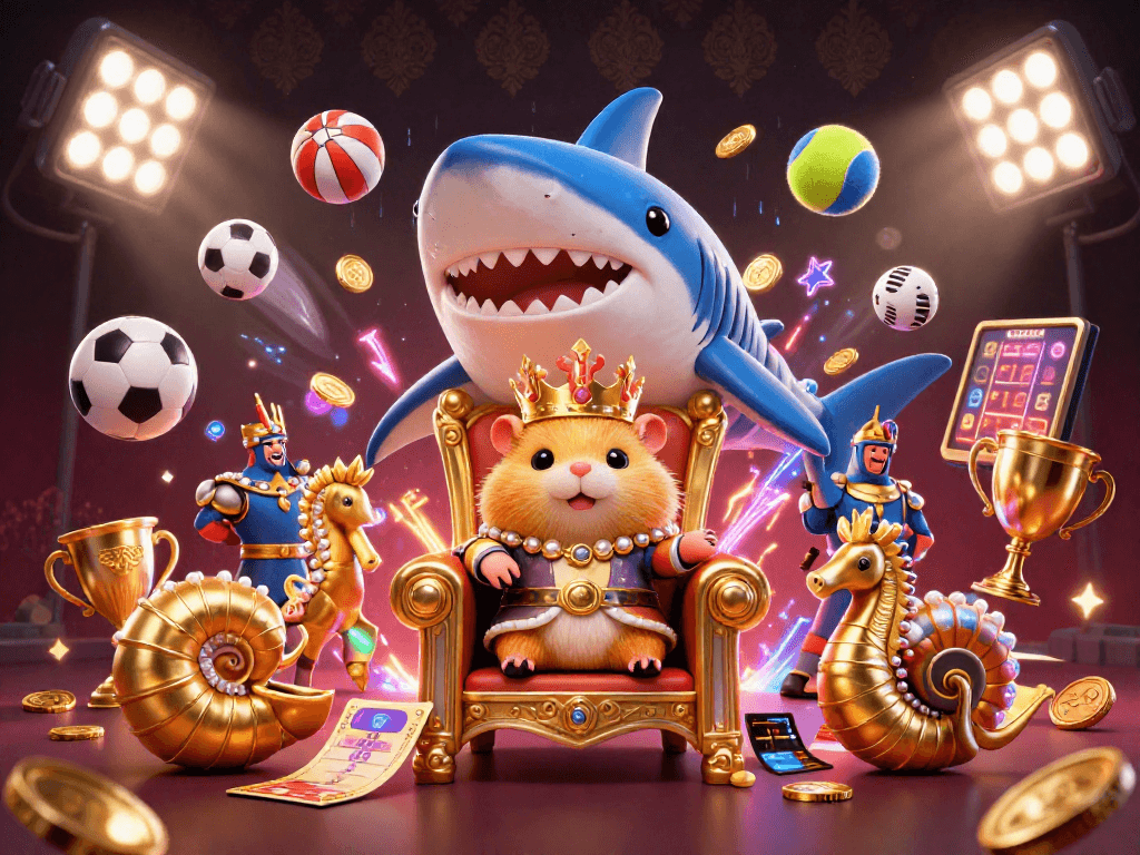 Engage with the action in tienlenmiennam, featuring a golden hamster king amidst dynamic sports elements and royal companions.