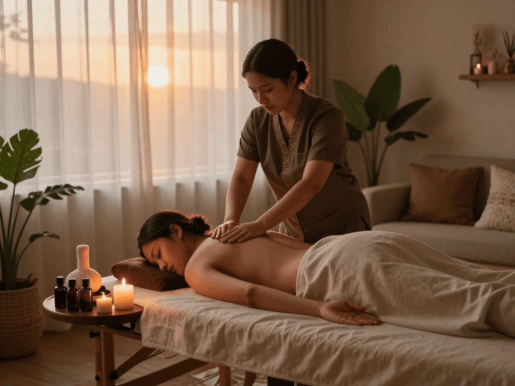 도봉구출장마사지 service featuring a skilled therapist providing relaxation therapy in a cozy home setting.