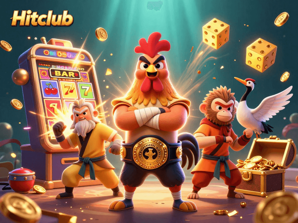 Hitclub promotions illustrated with a Muay Thai rooster, Shaolin monkey, and wise crane master celebrating wins.