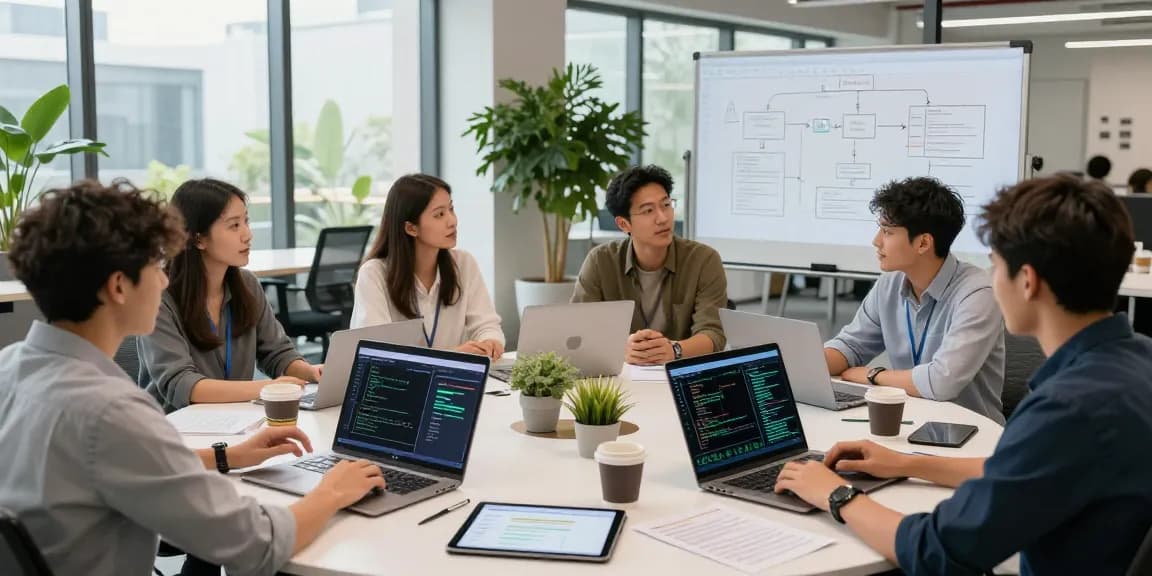 Collaborative tech team discussing agentic AI systems in a modern workspace