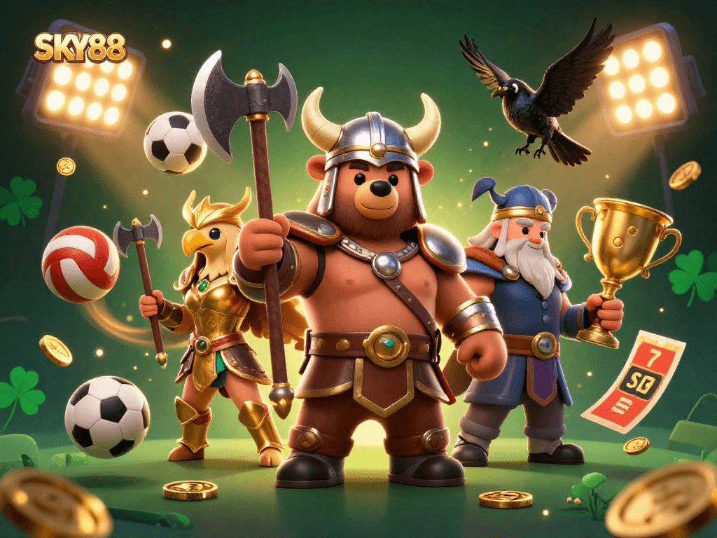 Experience thrilling games at SKY88 with animated Viking characters and dynamic sports elements.