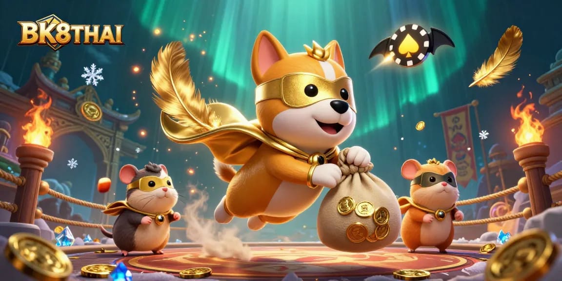 Experience thrilling gaming with BK8THAI, featuring a superhero dog and hamster amid gold coins and poker elements.