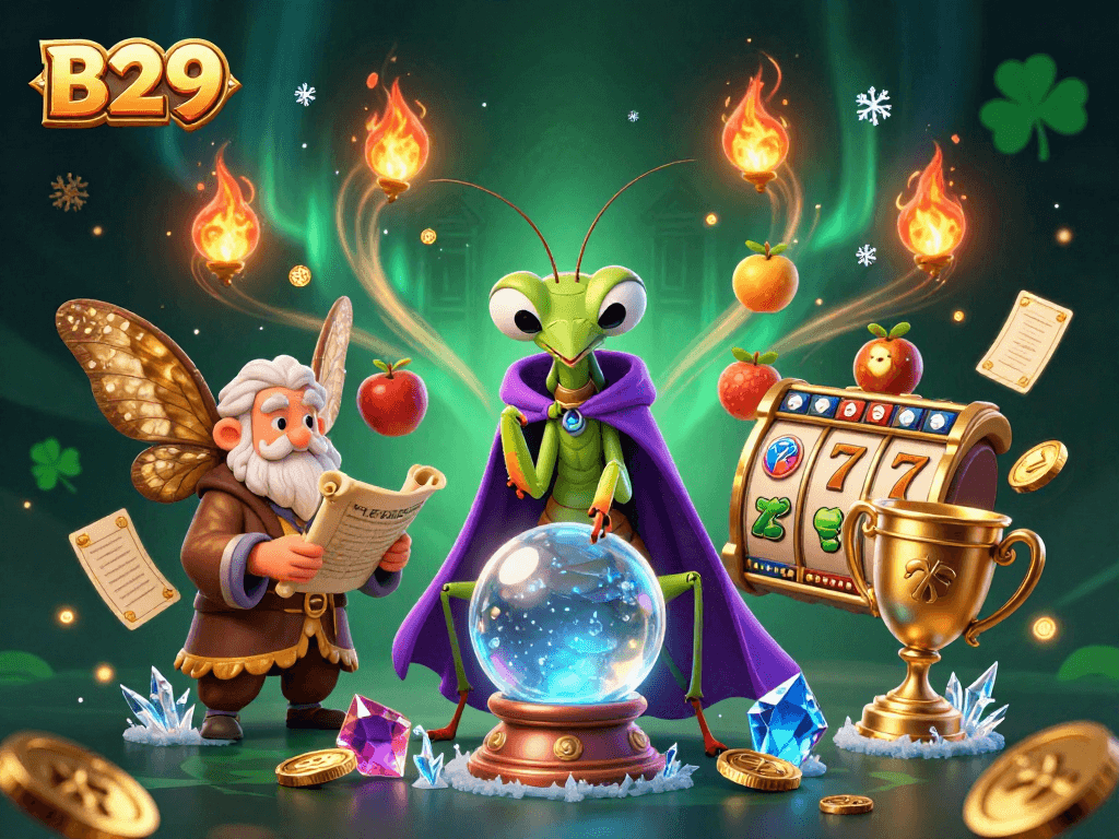 B29 offers an engaging gambling experience with an illustration of a mystical fortune teller, slot machines, and golden awards.
