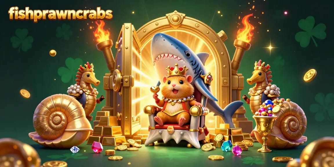 Play fishprawncrabs with a fierce golden hamster king in an ultra-detailed casino treasure scene.