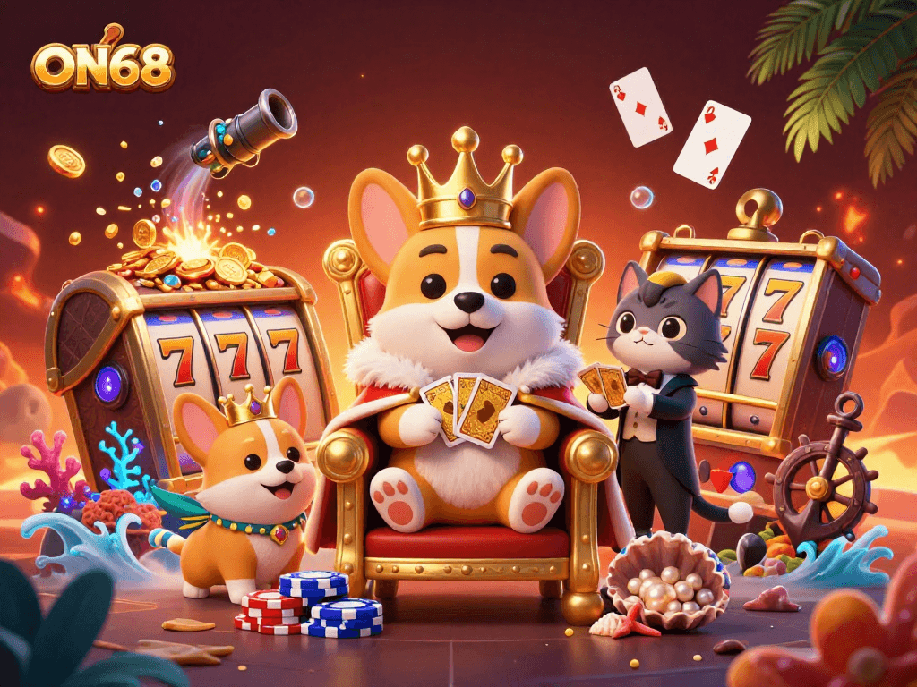 Experience winning at ON68 with a royal corgi surrounded by vibrant casino elements in a dynamic scene.