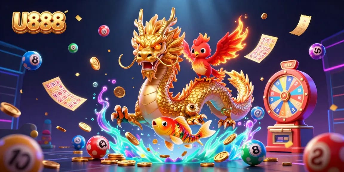 Experience vibrant U888 gaming with a dynamic scene featuring a golden dragon, phoenix, and koi fish.