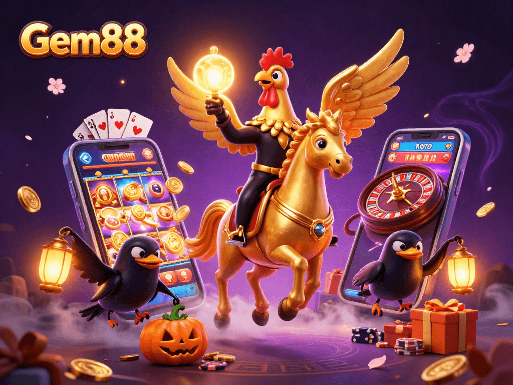 Experience the thrilling excitement of Gem88 with a golden rooster and festive casino elements.