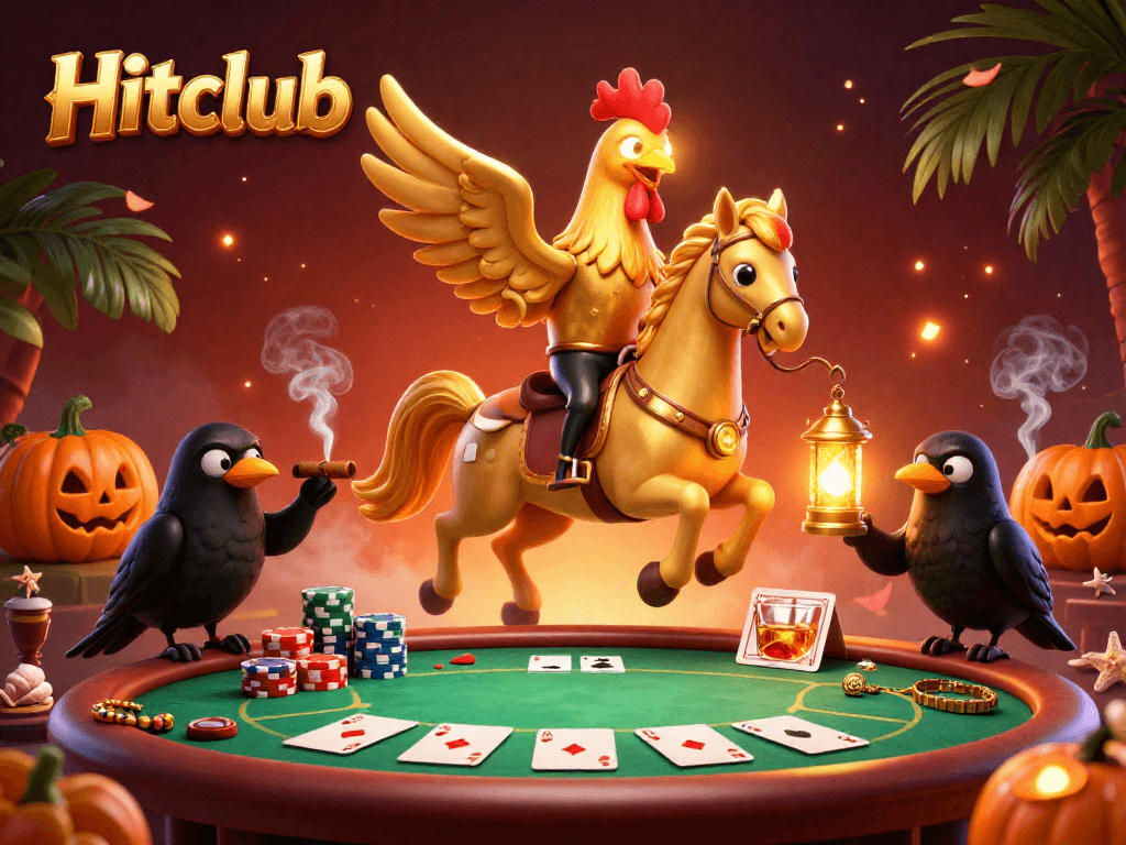 Experience thrilling gameplay at Hitclub in a vibrant casino scene featuring a golden rooster and excited characters.