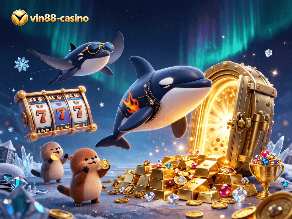 Win big at vin88-casino with colorful slot reels and animated treasure in a vibrant scene.