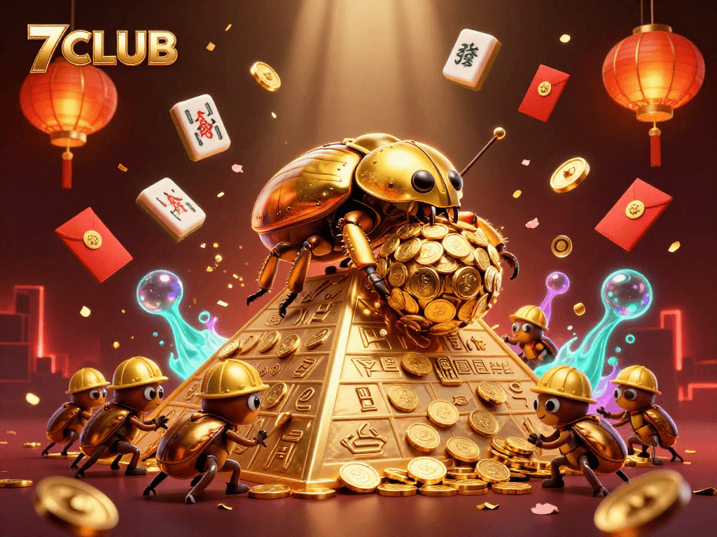 Experience wins at 7CLUB with vibrant 3D visuals of gold, games, and luck in action.
