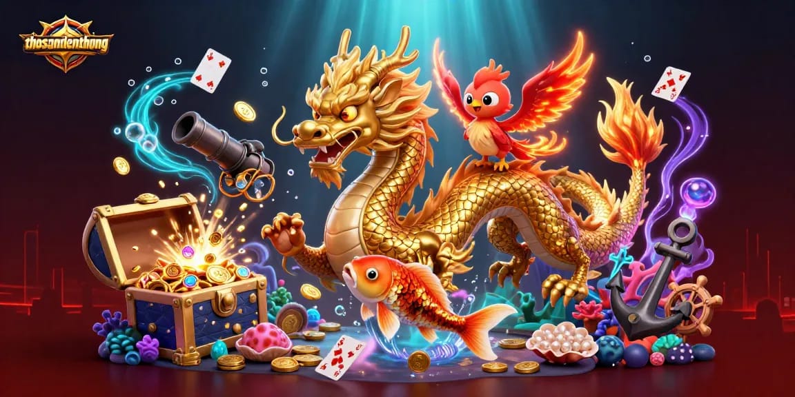 Engage in gaming excitement at thosantienthuong with a dragon, phoenix, and koi fish among coins.