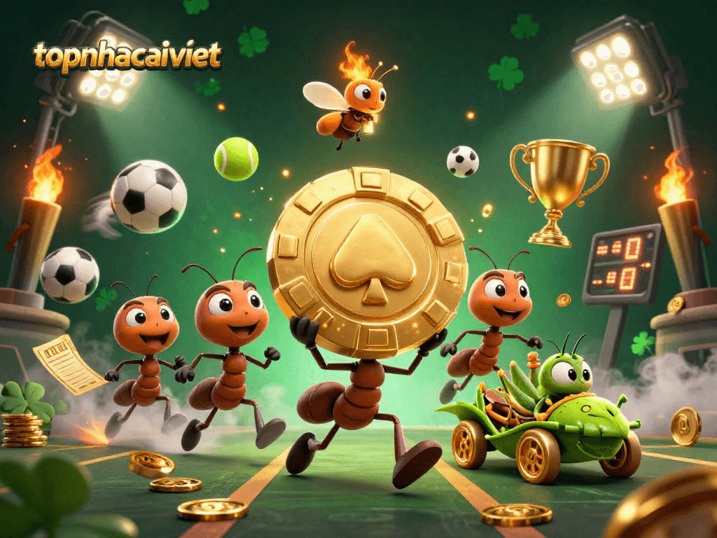 Engage with topnhacaiviet through a thrilling 3D scene of ants navigating a gambling heist.