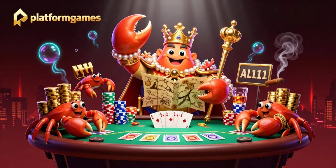 Platformgames showcases a golden crab emperor presiding over a high-stakes poker scene with vibrant elements.