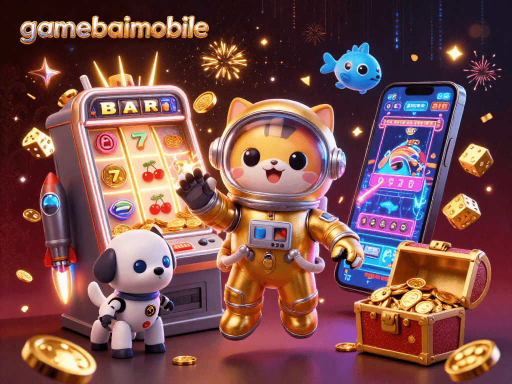 gamebaimobile presents a vibrant casino adventure with a golden astronaut cat and jackpot-filled slot machine.