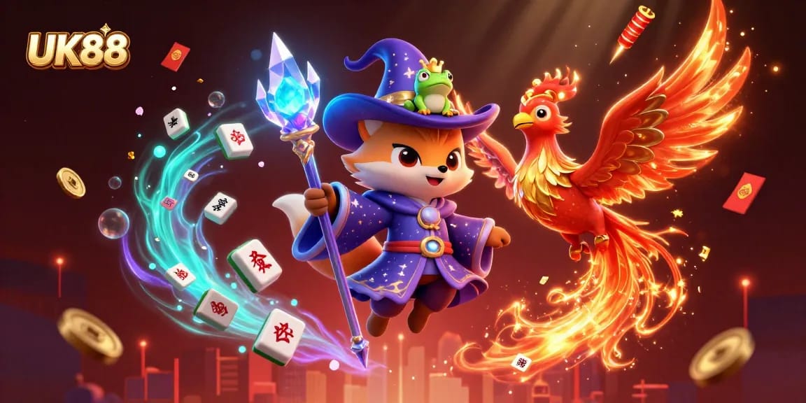 Experience the excitement of UK88 with a mystical 3D wizard fox, phoenix, and enchanting casino elements.