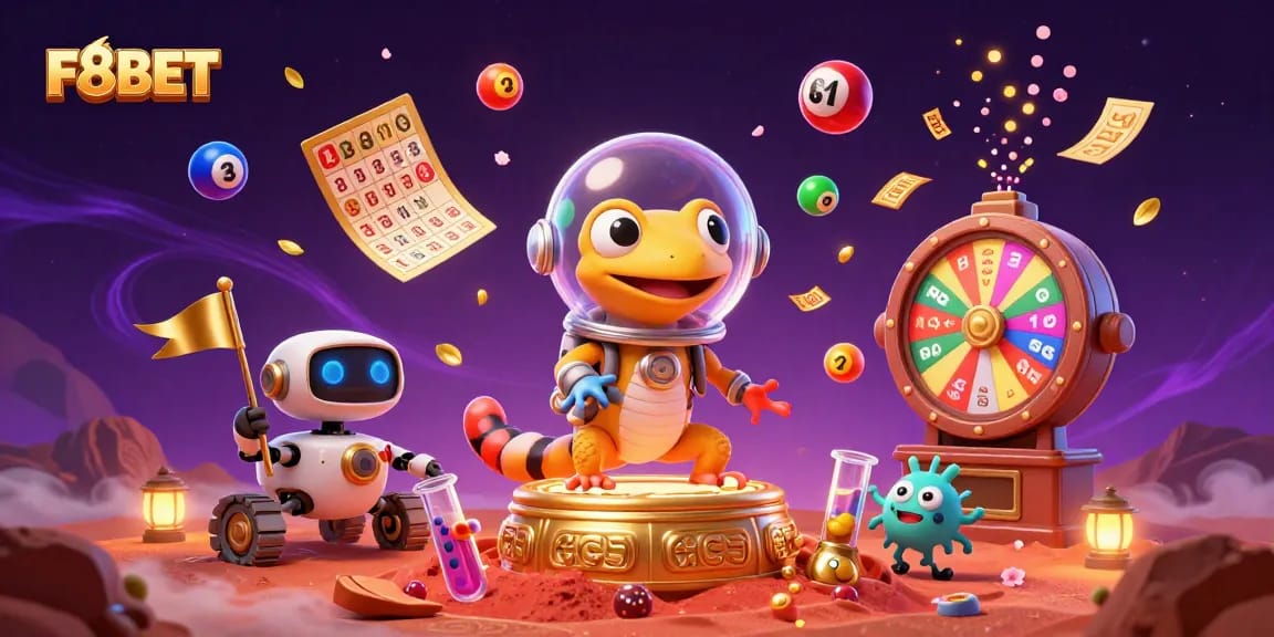 F8BET showcases a vibrant Martian scene with colorful casino elements and animated gecko discover.
