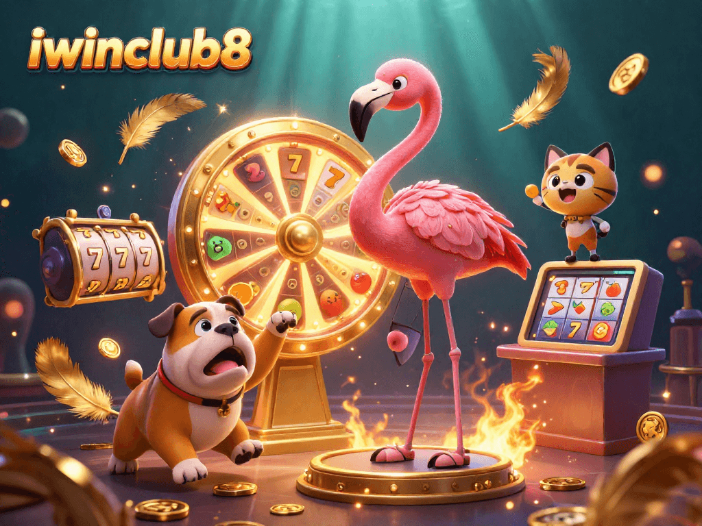 Spin the giant prize wheel with iwinclub8 for exciting rewards in this vibrant casino scene.