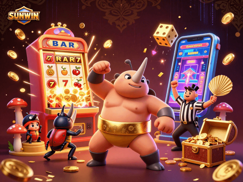 SUNWIN captivates with a 3D beetle champion amidst slot machines and festive casino elements.