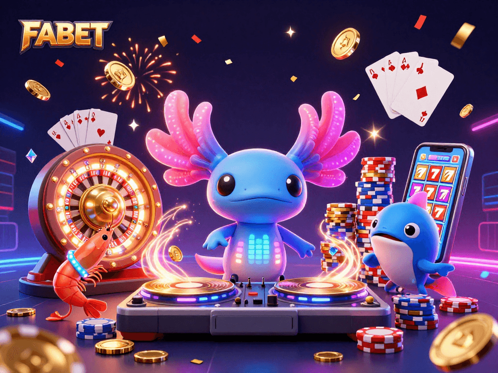 Spin and win at FABET with vibrant casino characters celebrating amidst golden coins and sparkling gems.
