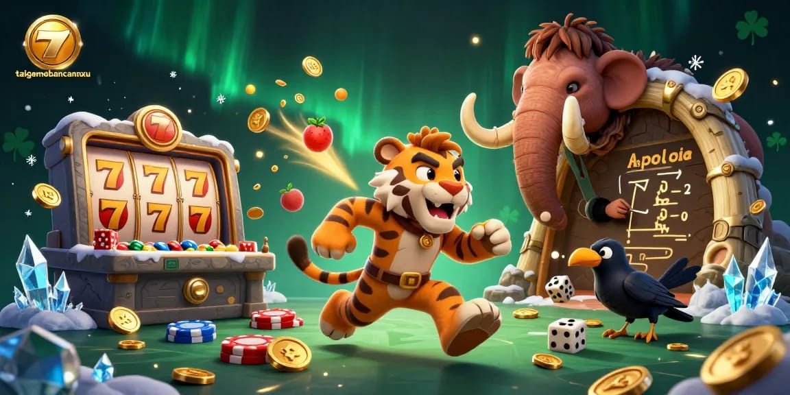 Engaging taigamebancaanxu scene featuring a caveman and sabertooth tiger at a dynamic casino.