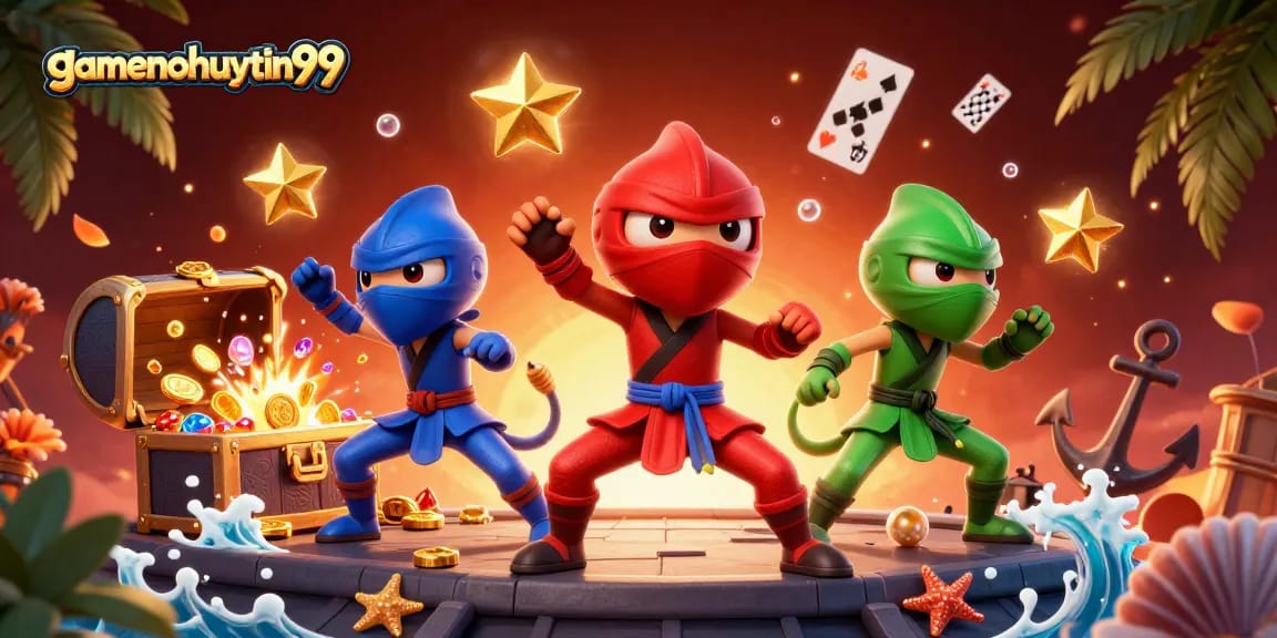 Experience thrilling action with gamenohuuytin99 as ninja chameleons battle in a vibrant casino scene.