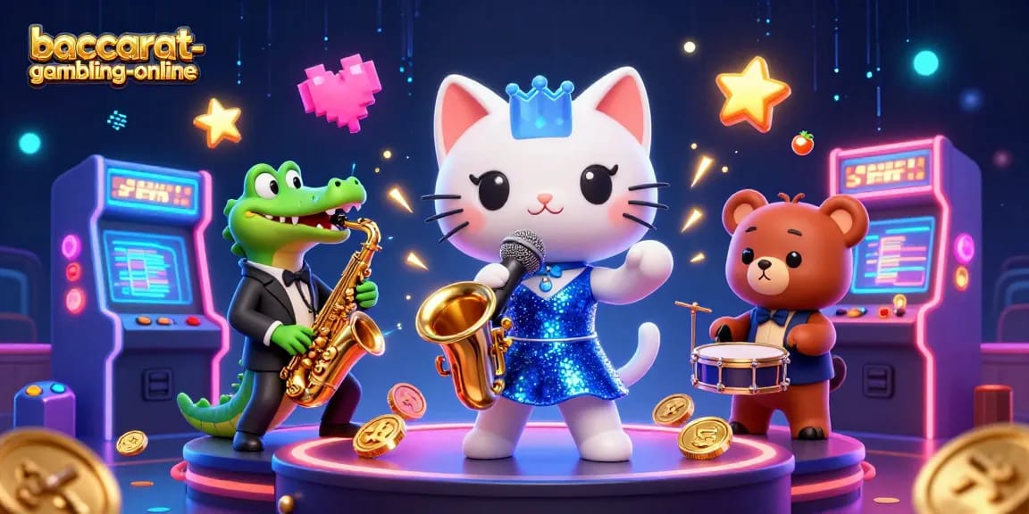 Baccarat-gambling-online scene showcasing a jazz-singer cat and friends on stage, embodying casino excitement