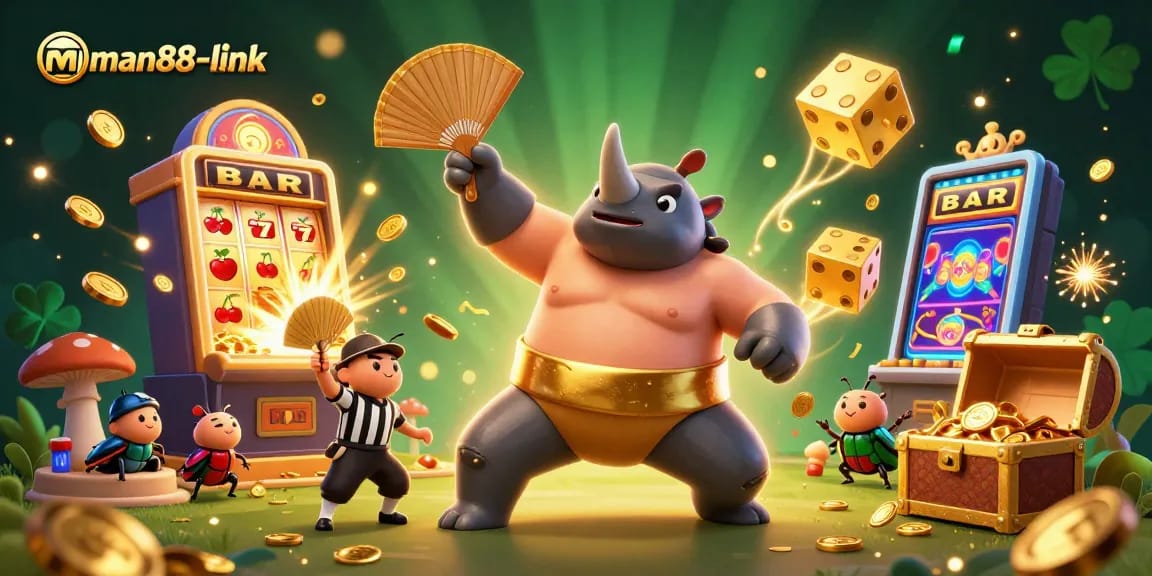 Experience lively wins with man88-link as a beetle champion stomps golden coins at a casino party.