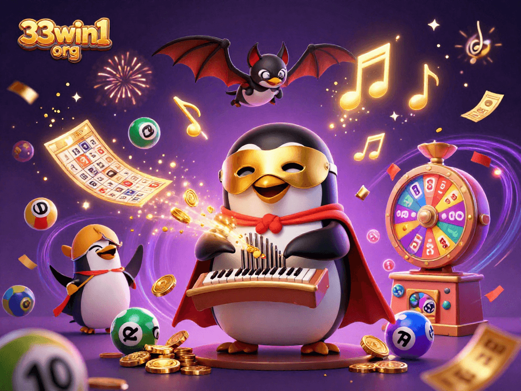 33win1 org hits the jackpot with vibrant lottery elements and animated casino characters.