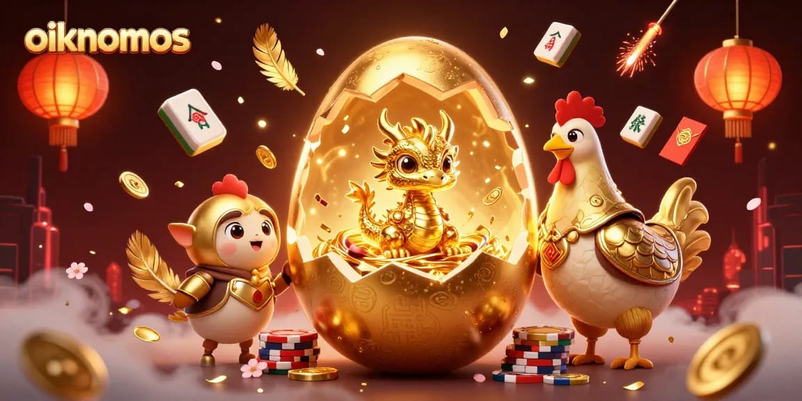 oikonomos engages players with a vibrant golden dragon scene surrounded by casino elements.