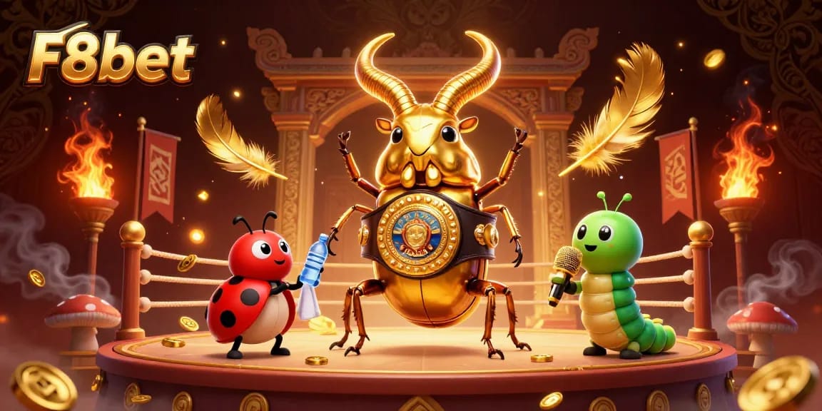 F8bet features an epic showdown with a golden stag beetle champion surrounded by gambling-themed elements.