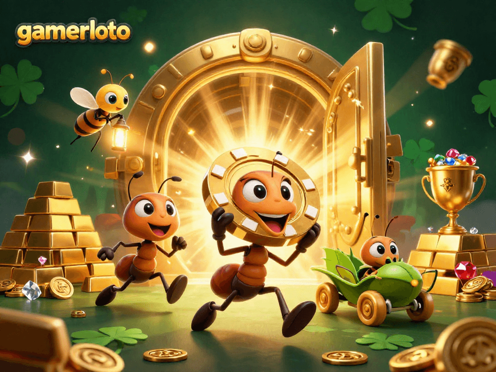 Experience the thrilling heist adventure with gamerloto's cartoon ants robbing a giant poker chip.