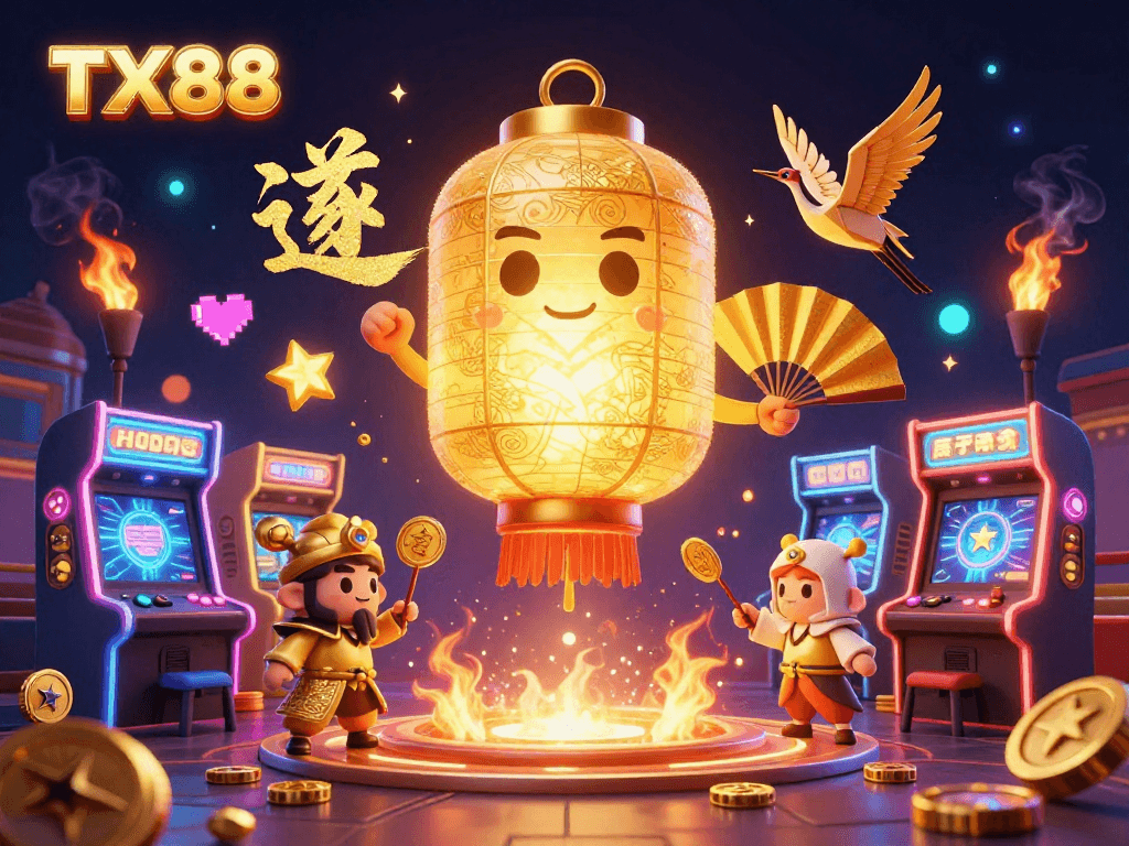 Engage in luck at TX88 with a giant golden lantern spirit soaring above a vibrant night market casino.