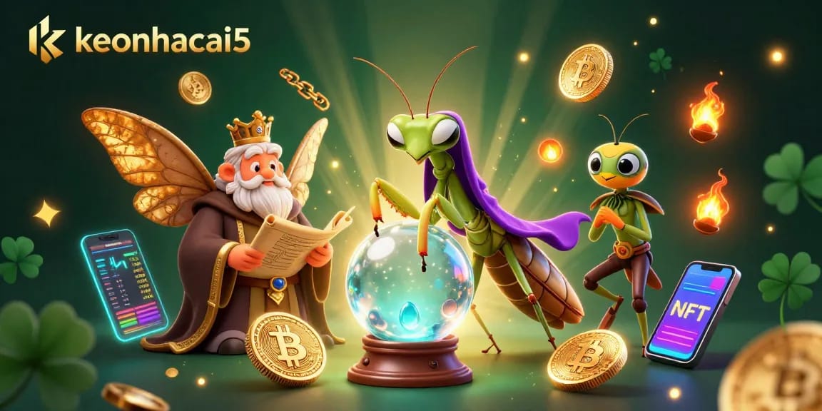 Immerse in the mystical world of keonhacai5 with a vibrant 3D illustration featuring fortune tellers and crypto elements.