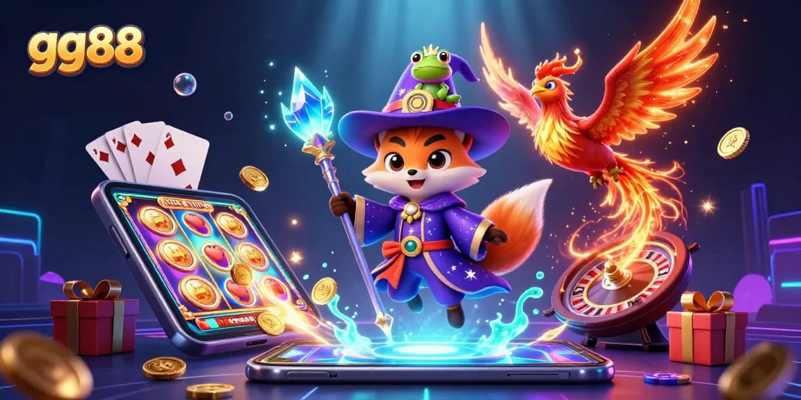 Experience thrilling gameplay at gg88 with a mystical wizard fox and a flaming phoenix.