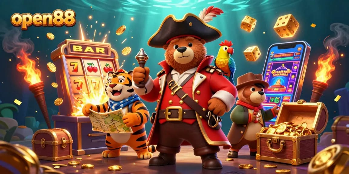 Play thrilling games at open88 with a vibrant scene of a pirate captain bear, tiger first mate, and gold elements.