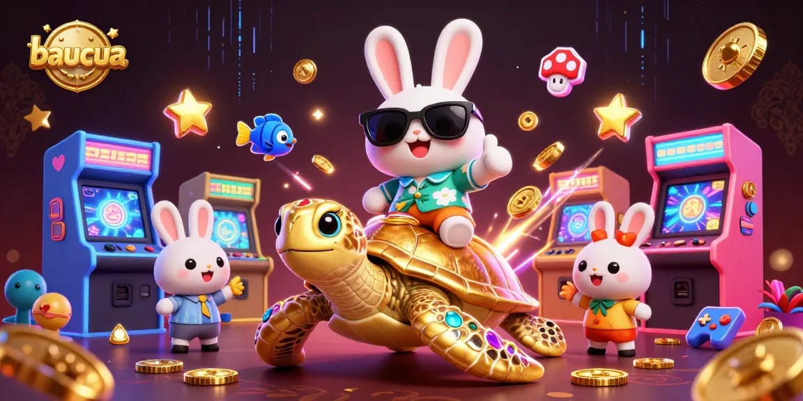 Engage with baucua using vibrant 3D visuals of a lucky rabbit and golden turtle in an arcade scene.