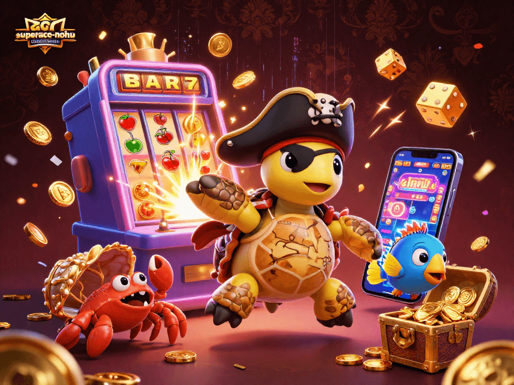 Play Superace-nohu's dynamic jackpot scene with a pirate turtle, crab, and treasure for casino excitement!