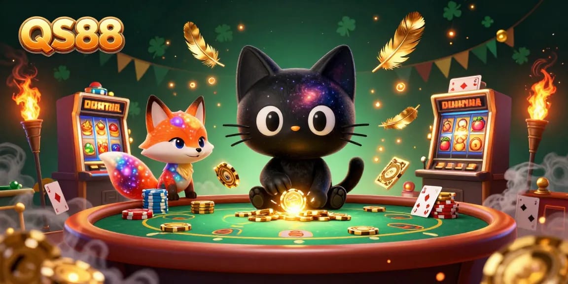 Engage in exciting slot games at QS88 with vibrant 3D illustrations of casino elements.
