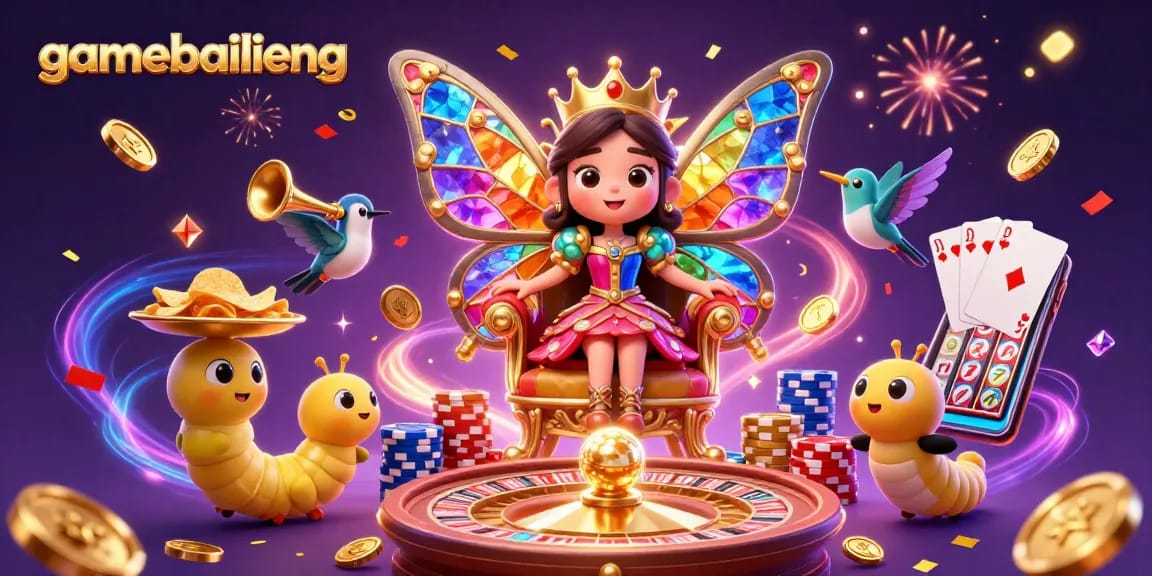 Experience the excitement of gamebailieng with a vibrant 3D casino illustration featuring a butterfly queen.