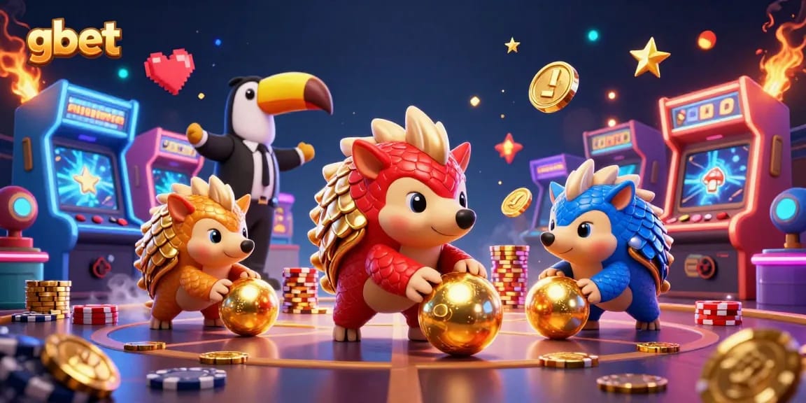 gbet showcases vibrant pangolins competing with golden balls amidst colorful casino elements.