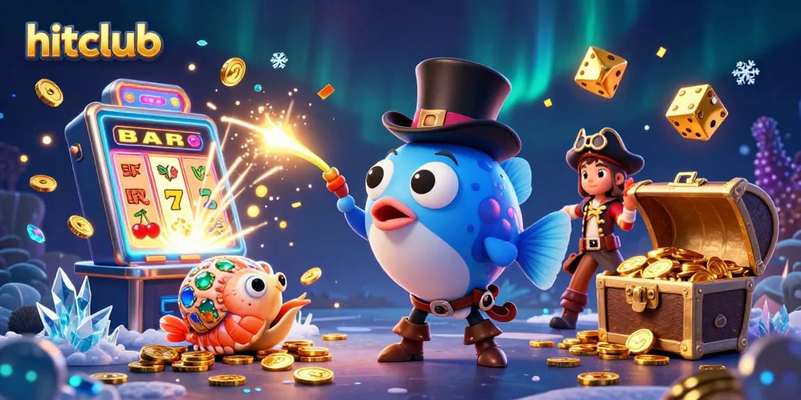 Hitclub promotes thrilling gaming with a 3D anglerfish and pirate shrimp amidst a jackpot explosion of coins.