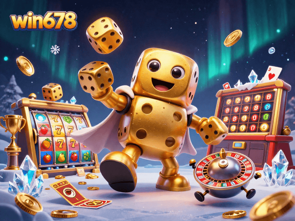Experience the thrilling world of win678 while playing with a dynamic roulette-ball and joyful golden dice in action.